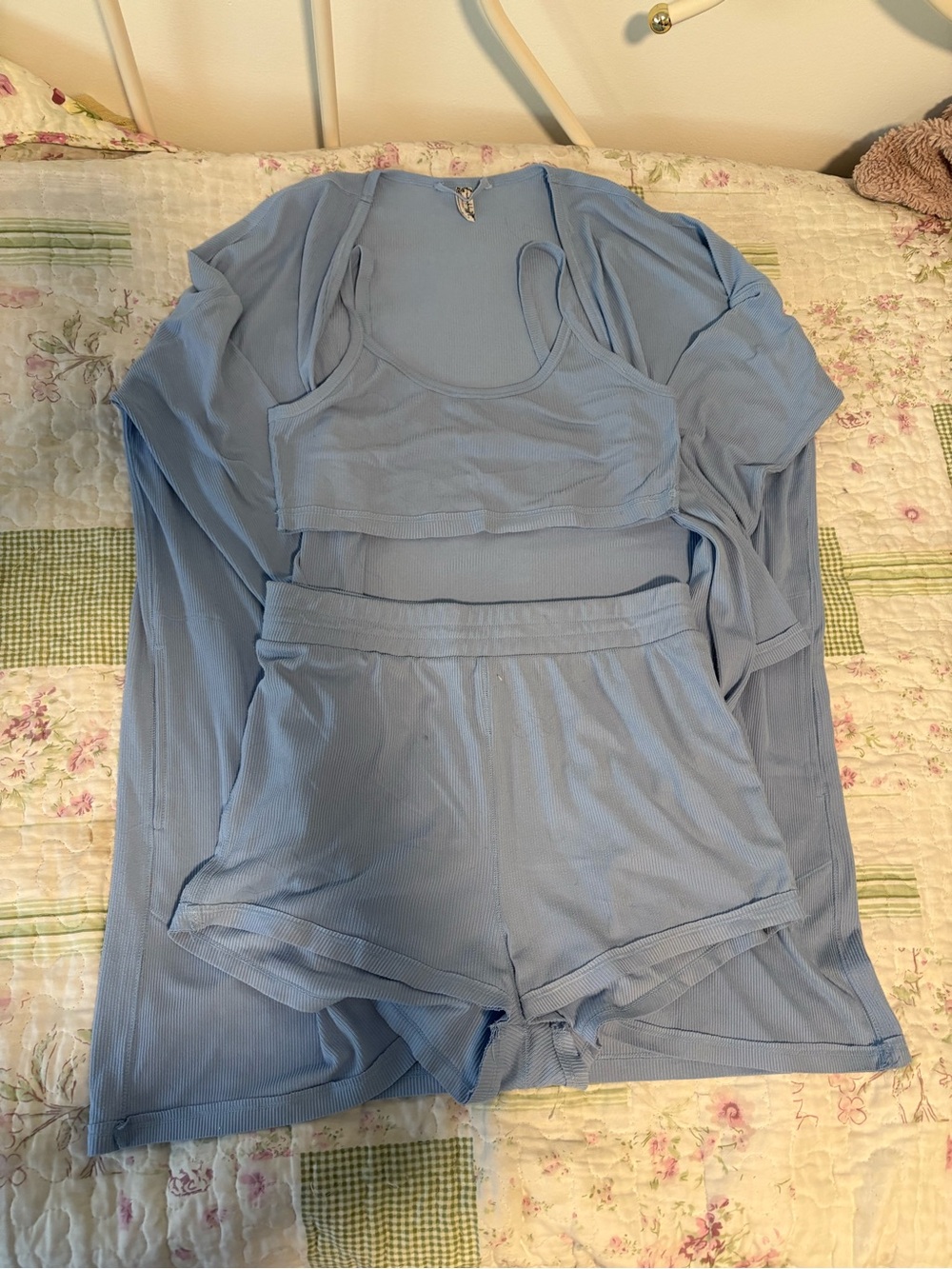 Free People Light Blue Ribbed 3-Piece Lounge Set - Tank, Shorts & Cardigan